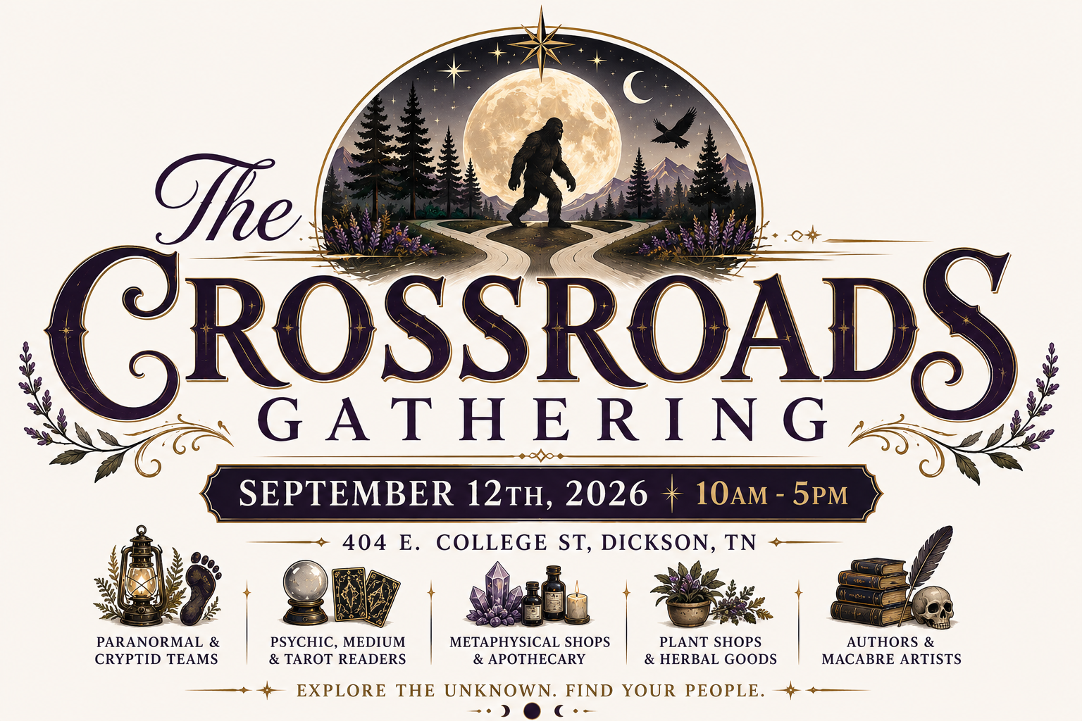 The Crossroads Gathering event banner — September 12th 2026, featuring paranormal, metaphysical, and artisan vendor categories