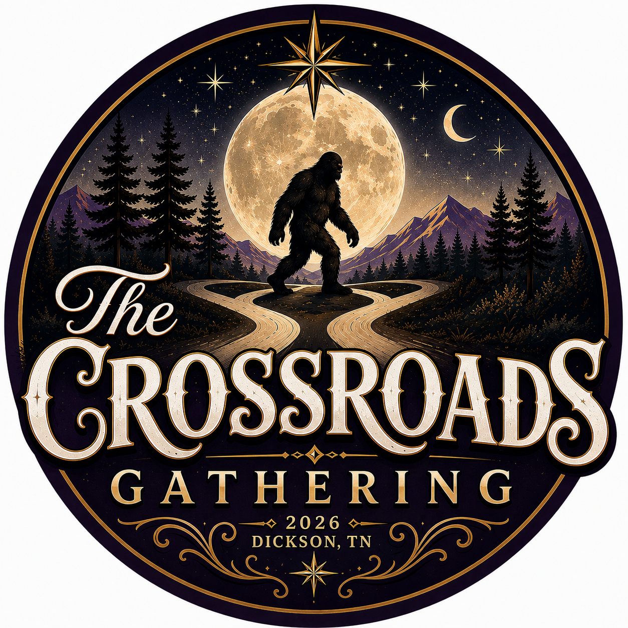 The Crossroads Gathering — circular logo with Bigfoot silhouette at a crossroads under the moon